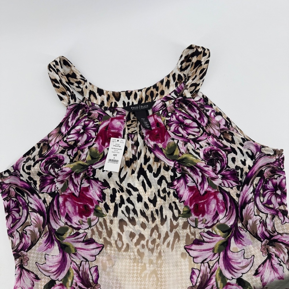 White House Black Market Wild Meadows Halter Silk Blouse L Purple Floral NEW